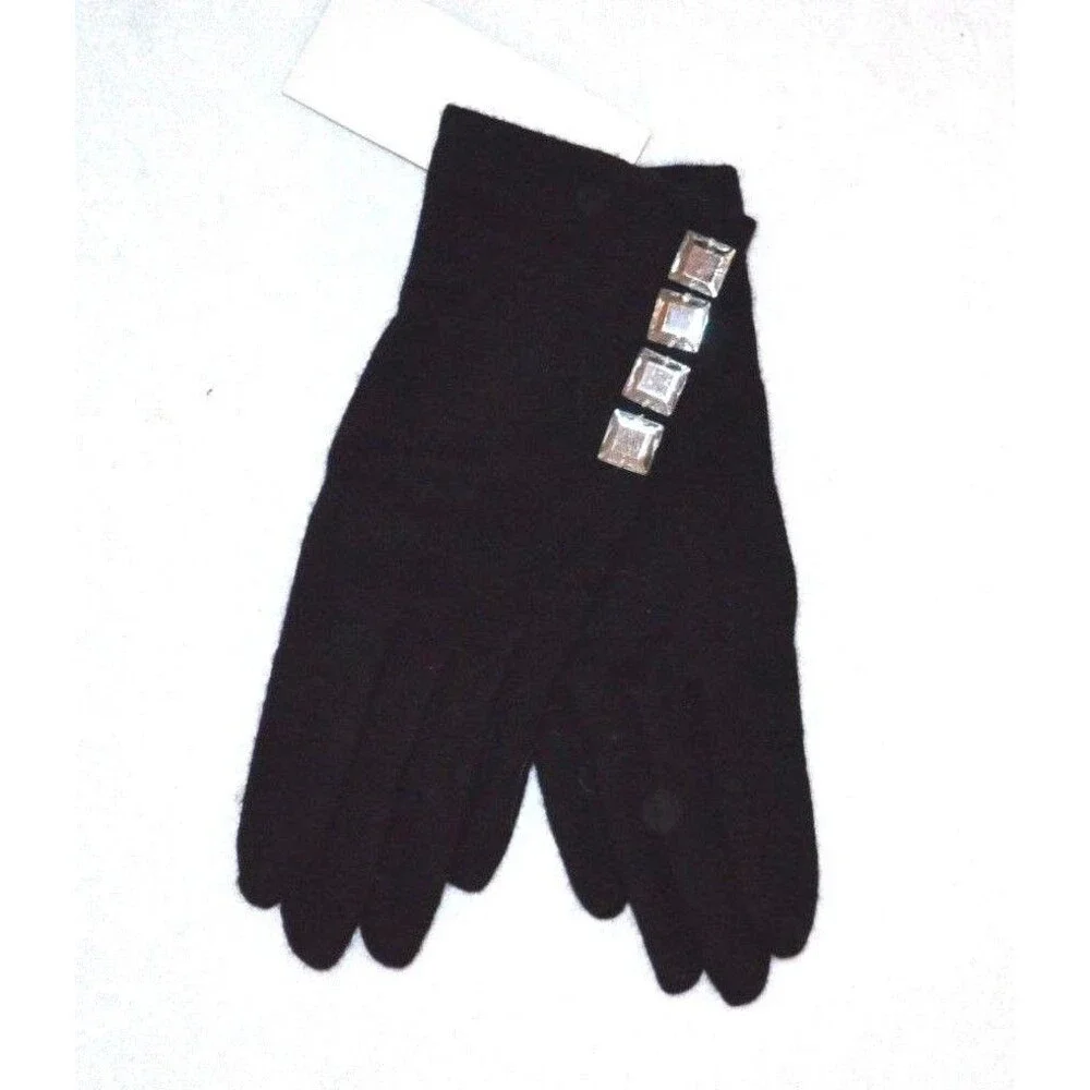 Fair Weather Accessories Gloves Black Wool Blend Rhinestone Accents NEW One Size